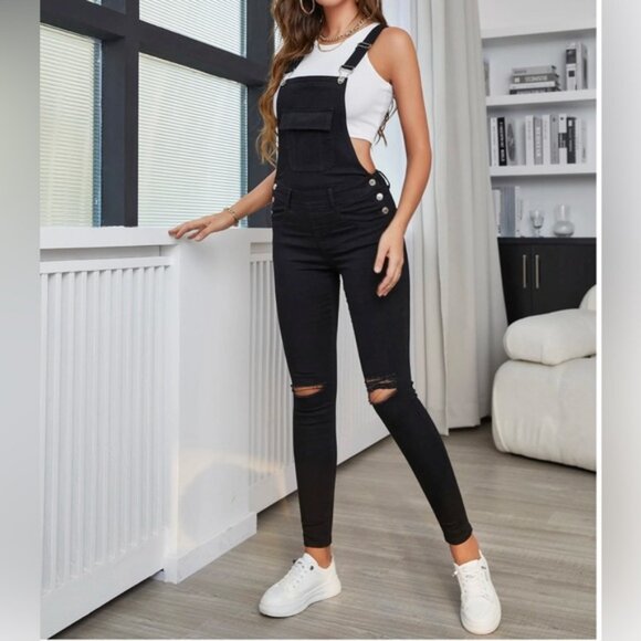 Flap Pocket Ripped Denim Overalls Without Tank Top - Picture 5 of 6